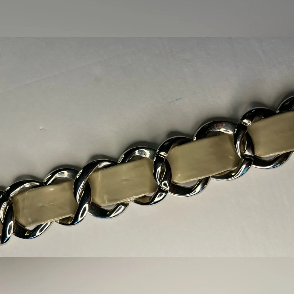 Nine West Women's Vinyl Taupe‎ Inlay Chain Link Sliver Belt Size 32” Length